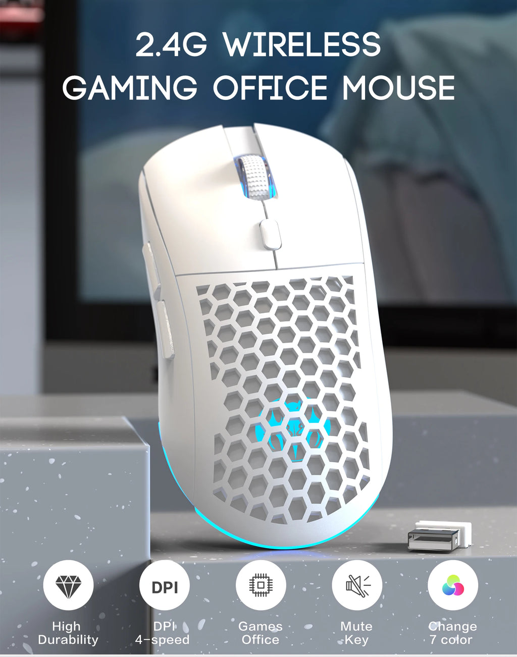 Ratón recargable con diseño de panal USB con iluminación ajustable RGB inalámbrica para uso en el hogar, juegos y oficina, Plug And Play