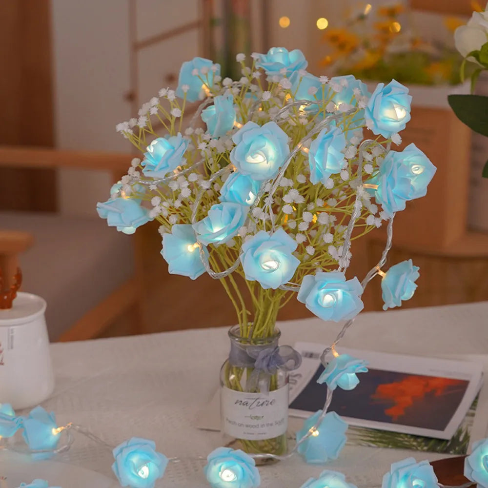 Guirnalda de Luces LED de 3m con 20 Rosas Artificiales, Funciona con Pilas, Decoración para Bodas, Habitaciones, Ramadán, Regalos para el Día de la Madre