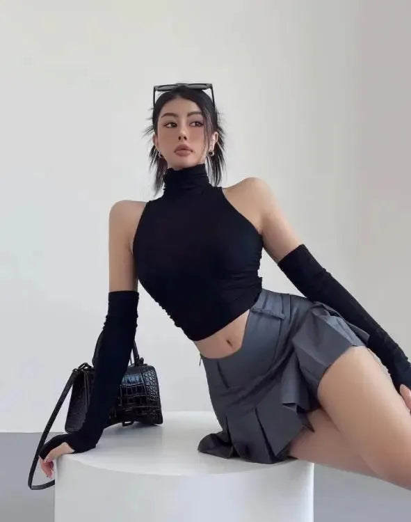 Top sin mangas Sexy para primavera y verano, Top corto plisado con mangas para chica picante y cuello alto, camiseta para mujer, ropa informal ajustada Y2k