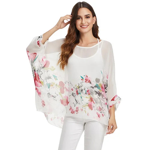 Novedad 2015 de mini vestidos casuales de gasa con estampado de flores para señoras, vestidos estilo bohemio con manga de murciélago en tallas grandes 4XL 5XL 6XL