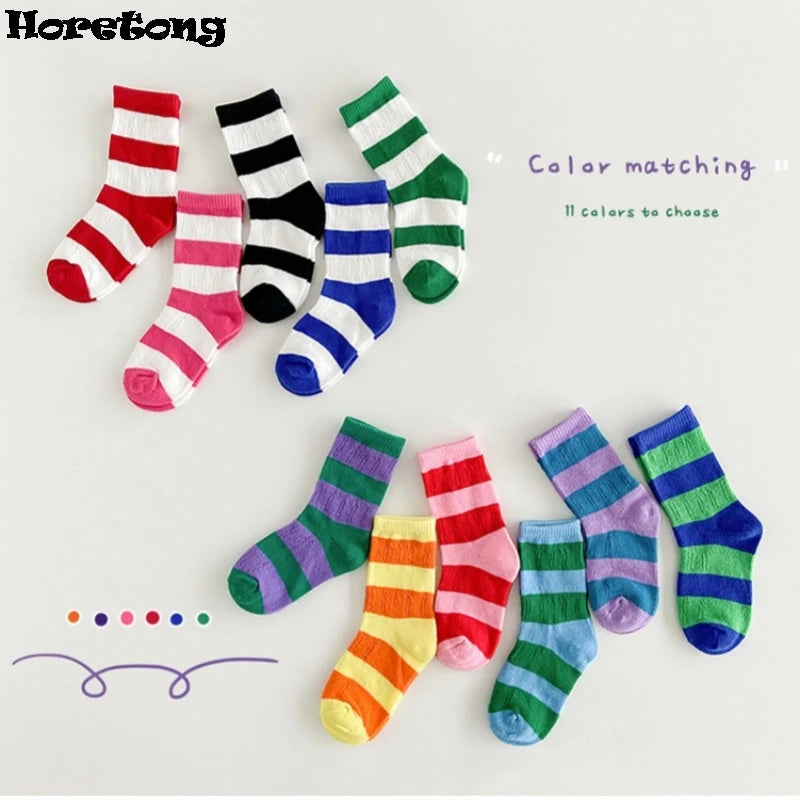 Horetong, 3 par/lote, calcetines de verano para niños de 1 a 12 años, calcetines de algodón a la moda para bebés, calcetines transpirables a rayas con contraste de colores