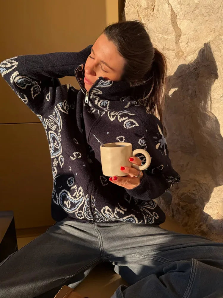 Cárdigan Vintage de punto Jacquard con cuello levantado para mujer, suéter holgado con bolsillos de manga larga y cremallera, prendas de punto suaves para primavera 2026