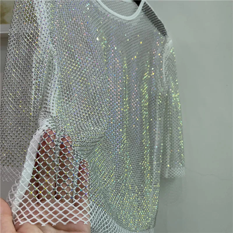 ColorShiny Diamonds-Camiseta básica de sílabas eléctricas para mujer, Top ajustado de cristal con cuello redondo, media manga, Sexy, para fiesta y Club