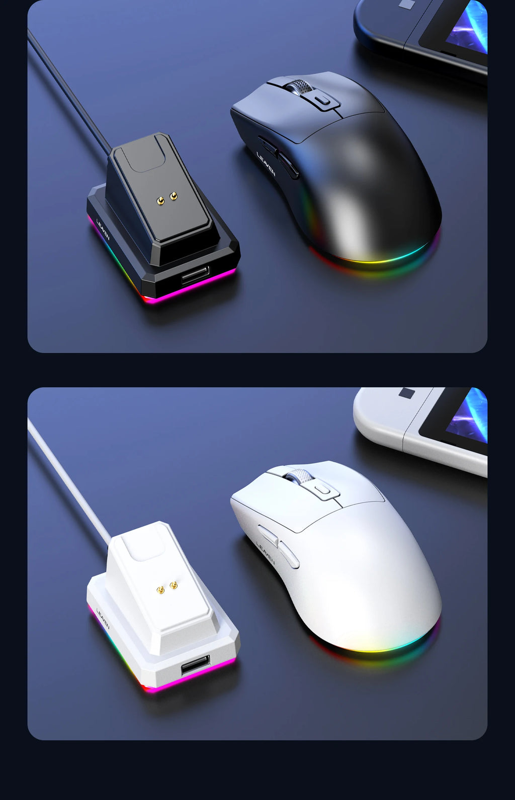 Ratón inalámbrico de modo dual |   Base de carga magnética |   Retroiluminado RGB |   DPI de 3 velocidades (800-1200-1600) |   2.4G/BT |   Adecuado para uso diario.