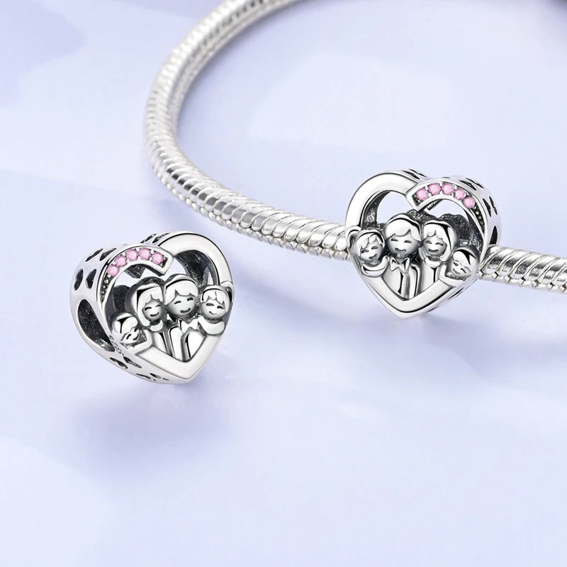 Abalorio de Plata de Ley 925 con Forma de Corazón y Cielo Estrellado, Abalorio Familiar de Madre, Hija e Hermana, Compatible con Pulseras, Colgante, Joyería DIY para Mujer, Regalo